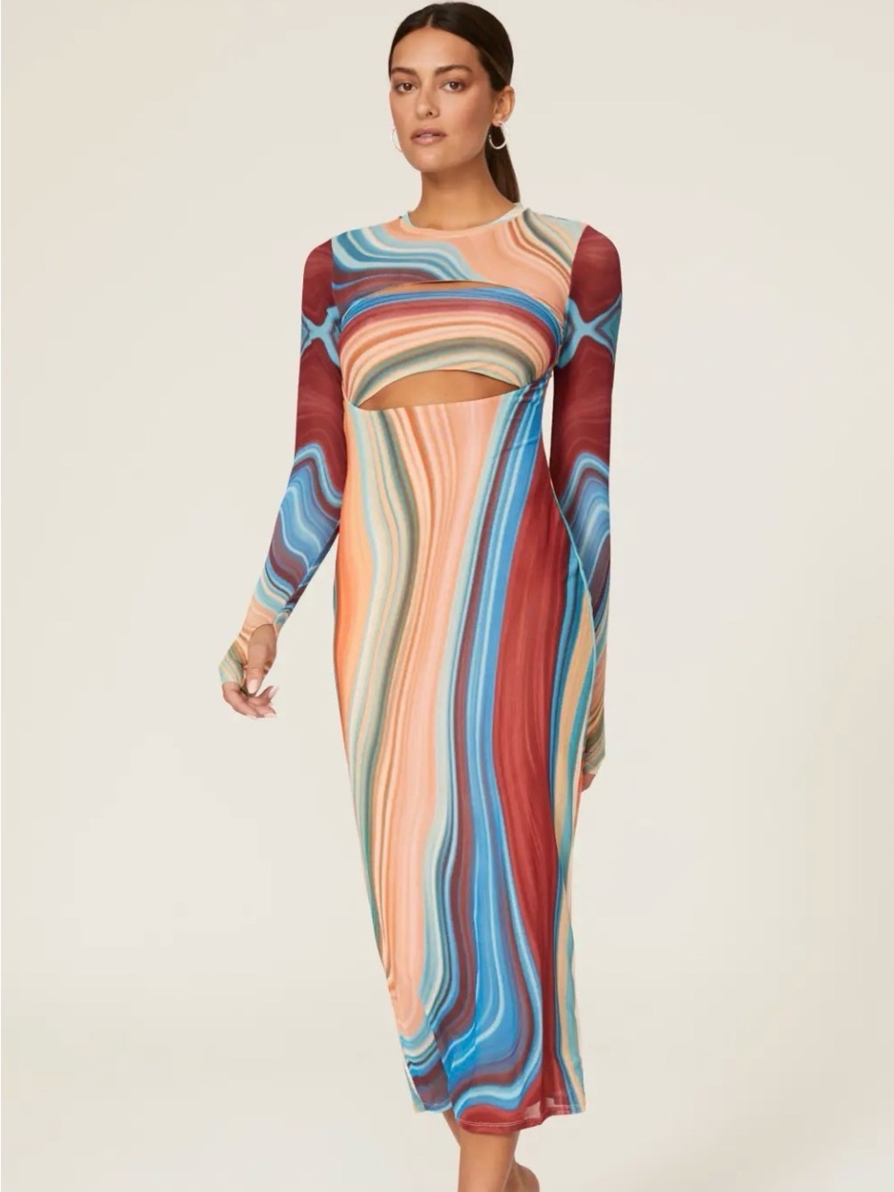 AFRM Multicolor Swirl Cutout Long-Sleeve Midi Dress